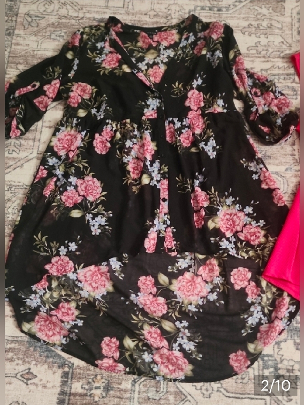 Torrid Black Floral Chiffon Top with Pink and Blue Flowers
